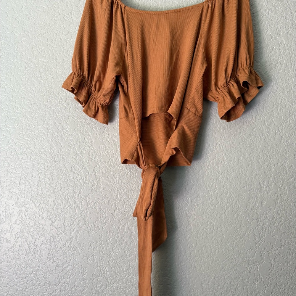 Listicle Women's Ribbed Knit Ruched Tie-Back Top in Tangerine Size XL - Picture 3 of 10